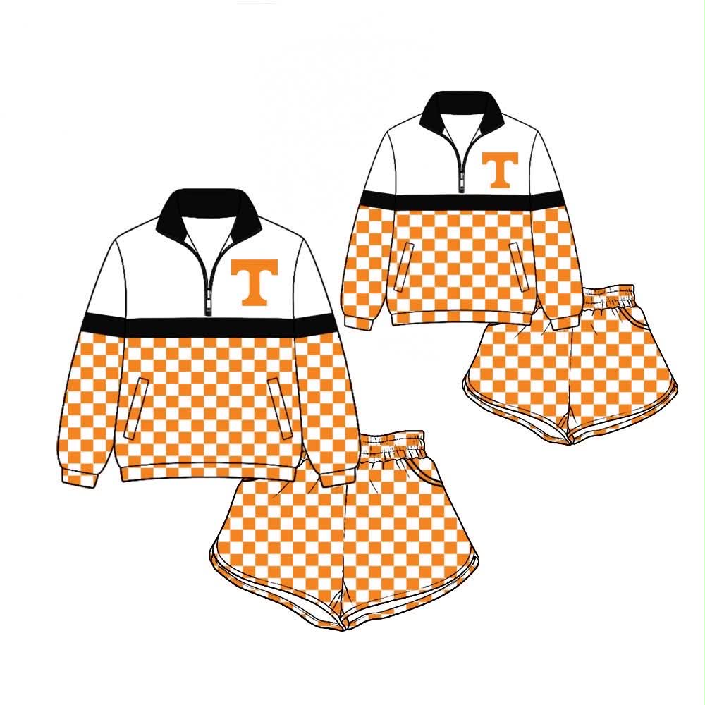 (Custom Design Preorder MOQ 5)  Teams Tennessee Orange Plaid Print Kids & Adult Long Sleeve Zipper Top Shorts Clothes Set