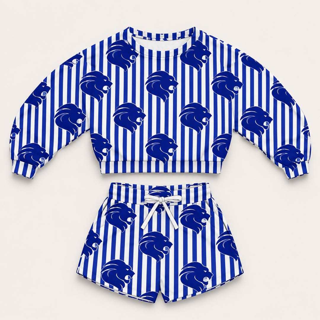 (Custom Design Preorder MOQ 5) Teams Bismarck Lions Stripes Long Sleeve Top Pockets Shorts Mommy and Me Outfits