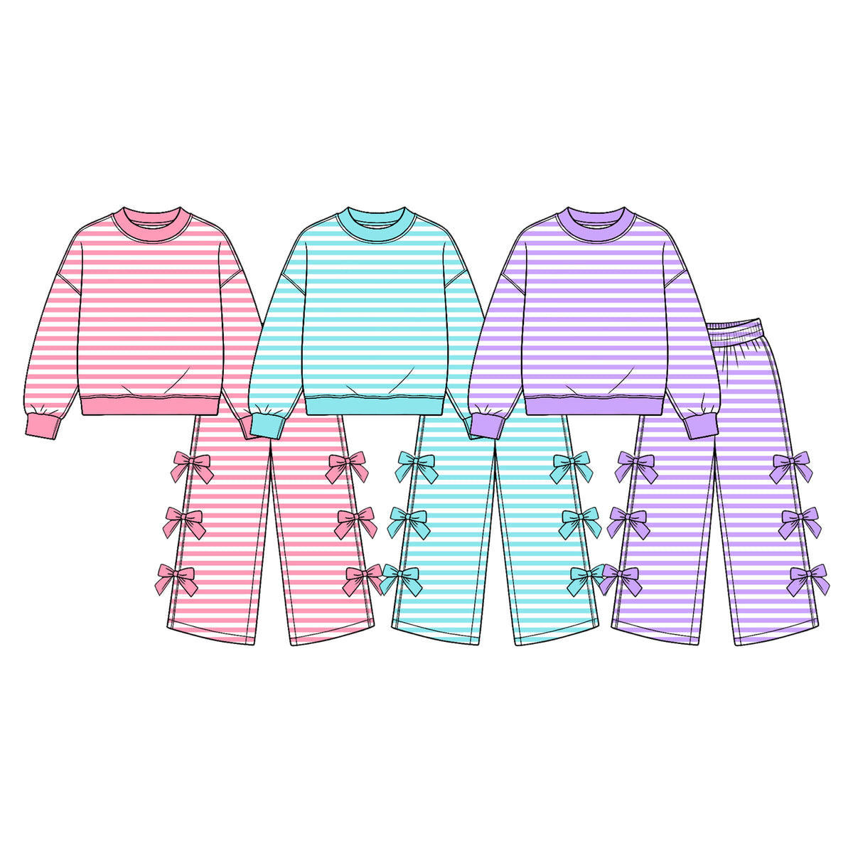 (Custom Design Preorder MOQ 5 Each) Stripes Print Long Sleeve Top Wide Leg Pants with Side Bows Girls Clothes Set Sisters Wear