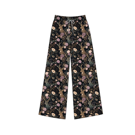 (Custom Design Preorder MOQ 5 Each ) Deer Flowers Print Girls & Adult Bottom Straight Pants