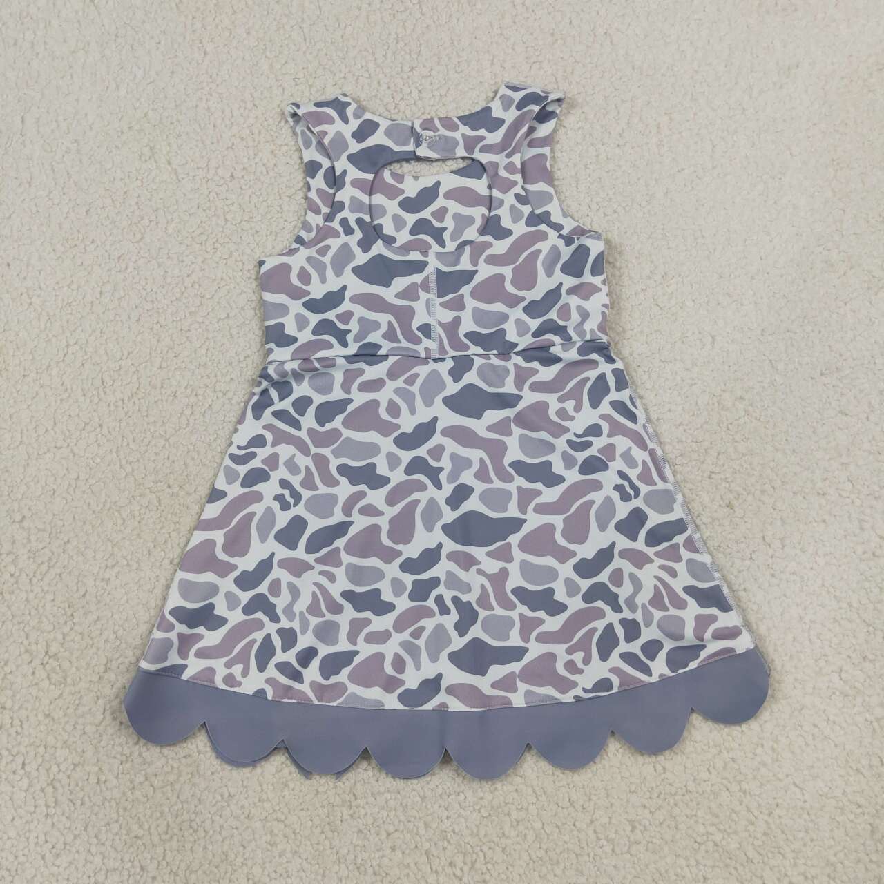 GSD4226 Grey Camo Print Girls Summer Scallop Knee Length Yoga Dress