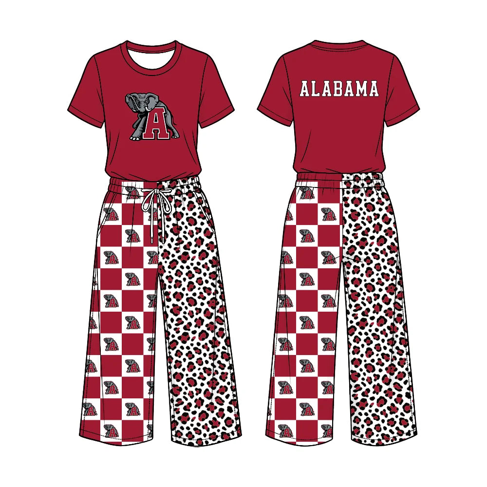 Preorder( 5  MOQ) Baby Girls Sport Team Alabama Short Sleeve Top Checker Leopard Pants Outfit