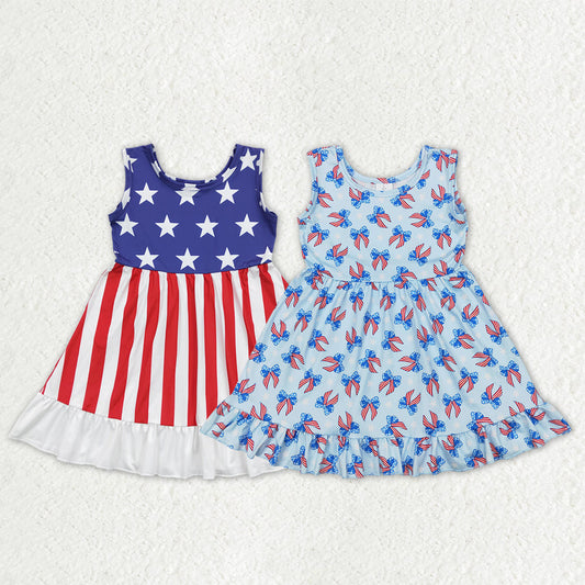 Sibling Baby Girls Sleeveless Bows Stars 4th of July Ruffle Knee Length Dresses