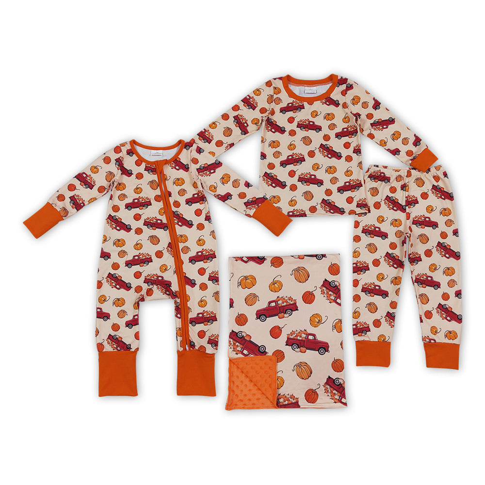 Sibling Baby Boys  Fall Pumpkin Truck Pajama Set Zipper Romper Blanket