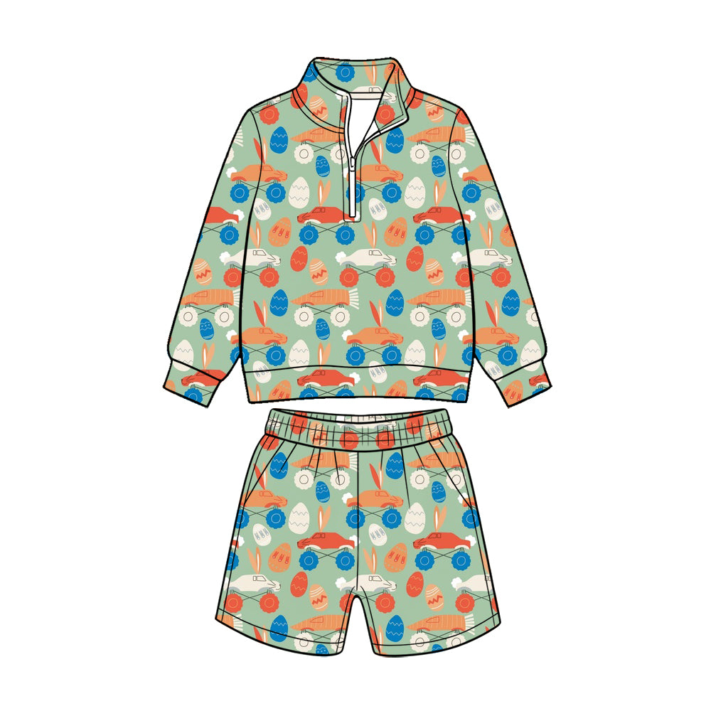 (Custom Design Preorder MOQ 5 Each)Bunny Trucks Print Pullover Top Pockets Shorts Boys Easter Clothes Set Brothers Wear