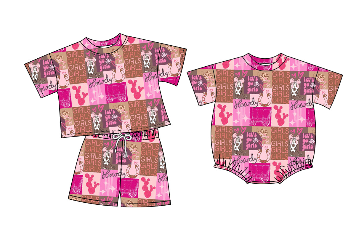 (Custom Design Preorder MOQ 5 Each Item) Howdy Let's Go Girls Print Baby Girls Western Summer Romper & Outfits Sisters Wear