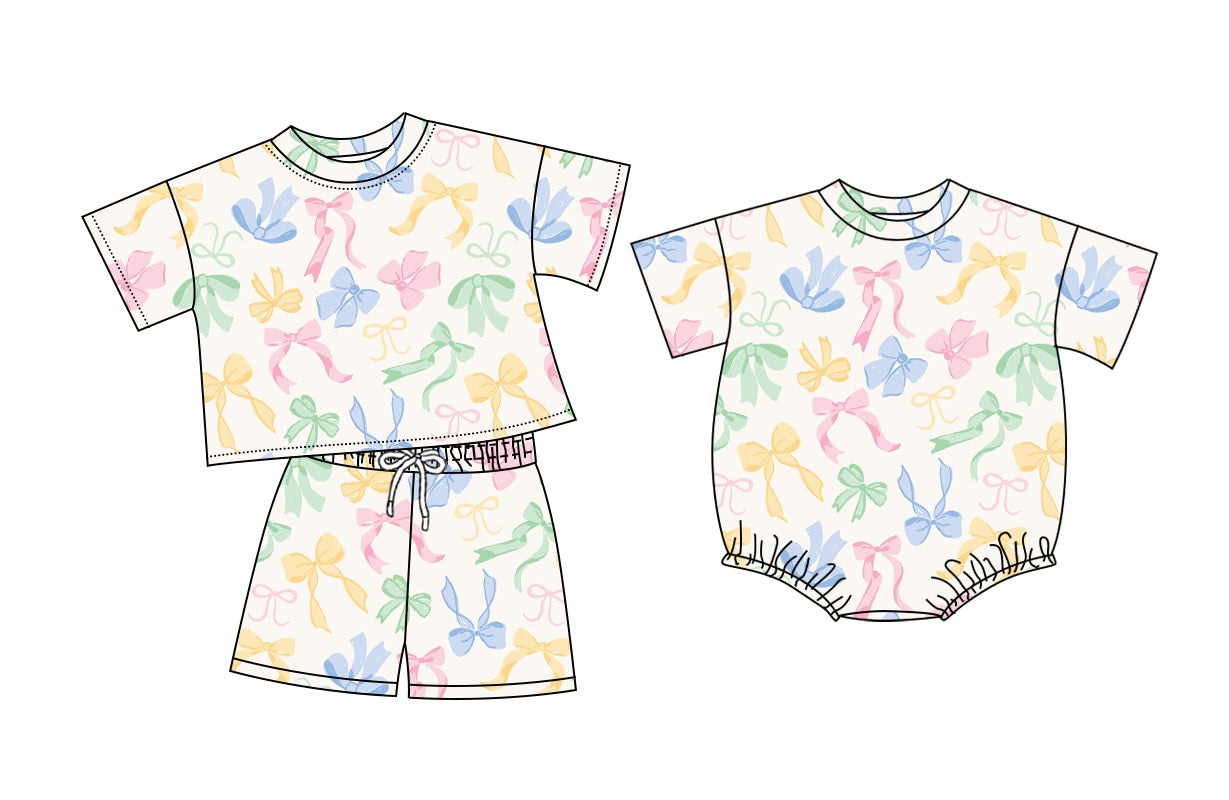 (Custom Design Preorder MOQ 5 Each Item) Colorful Bows Print Baby Girls Summer Romper & Outfits Sisters Wear