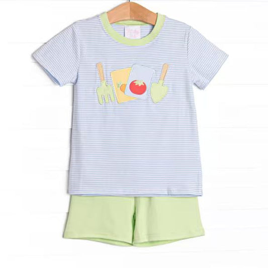 (Custom Design Preorder MOQ 5)  Cook Stripes Top Green Shorts Boys Summer Outfits