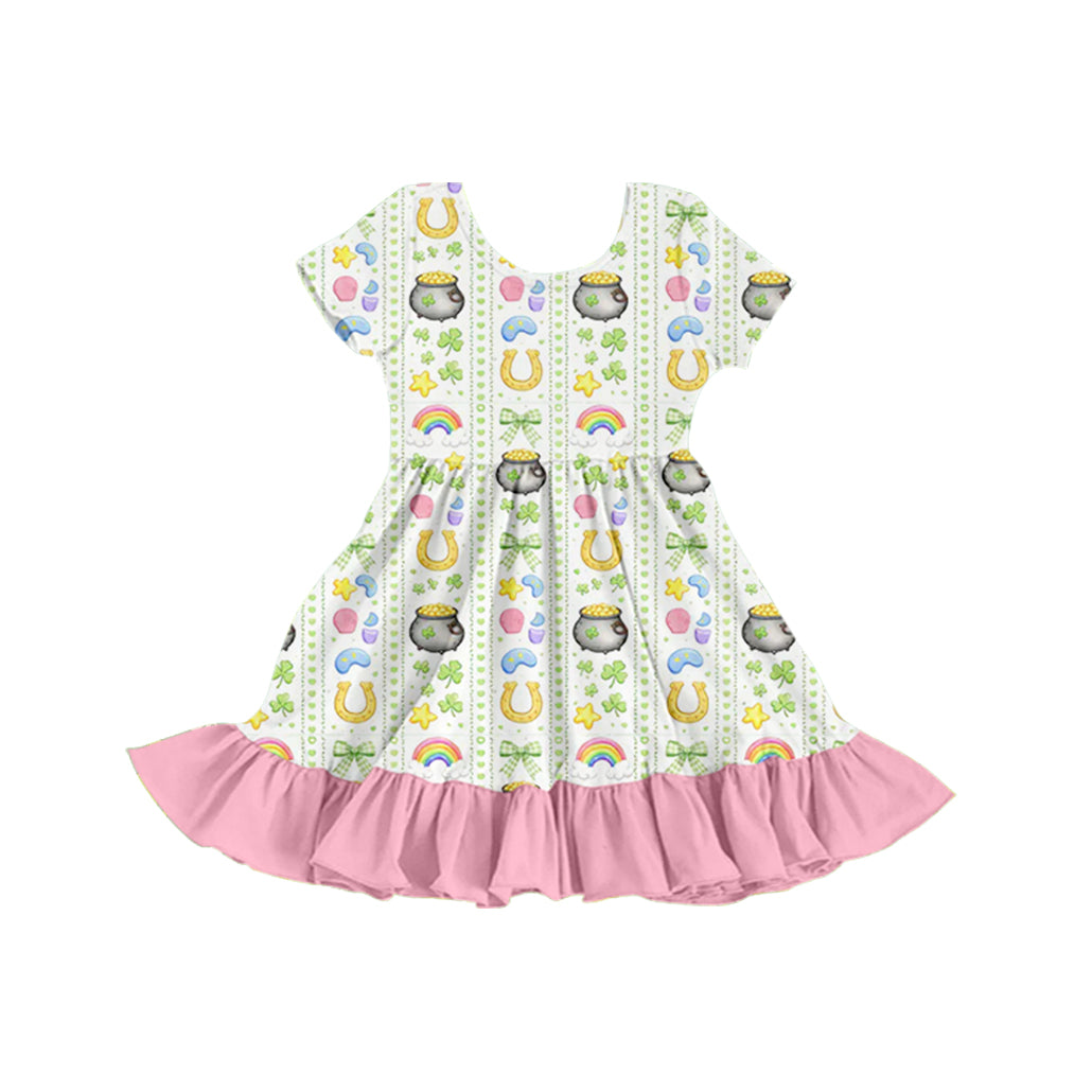 (Custom Design Preorder MOQ 5) 4 Leaf Clover Bows Print Girls Knee Length Ruffle Dress Sisters Wear