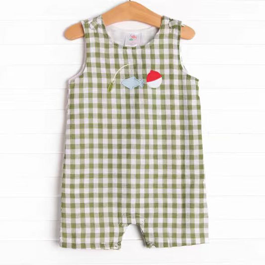 (Custom Design Preorder MOQ 5 ) Fishing Green Plaid Print Baby Boys Summer Sleeveless Romper