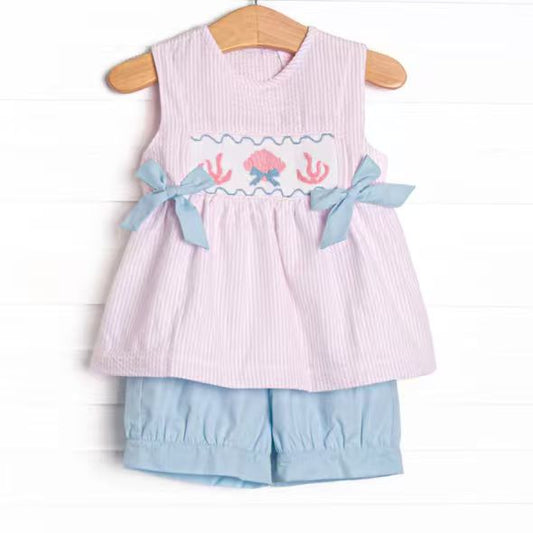 (Custom Design Preorder MOQ 5) Shell Stripes Tunic Top Blue Shorts Girls Summer Outfits