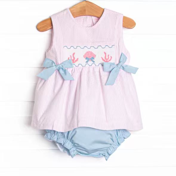 (Custom Design Preorder MOQ 5 ) Shell Stripes Tunic Top Blue Shorts Baby Girls Summer Bummie Set