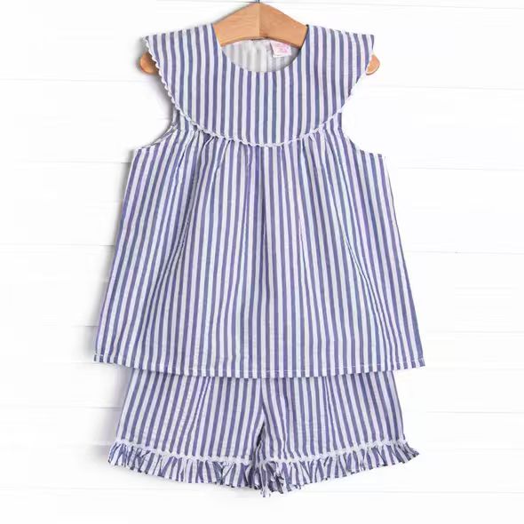 (Custom Design Preorder MOQ 5)  Blue Stripes Tunic Top Ruffle Shorts Baby Girls Summer Outfits