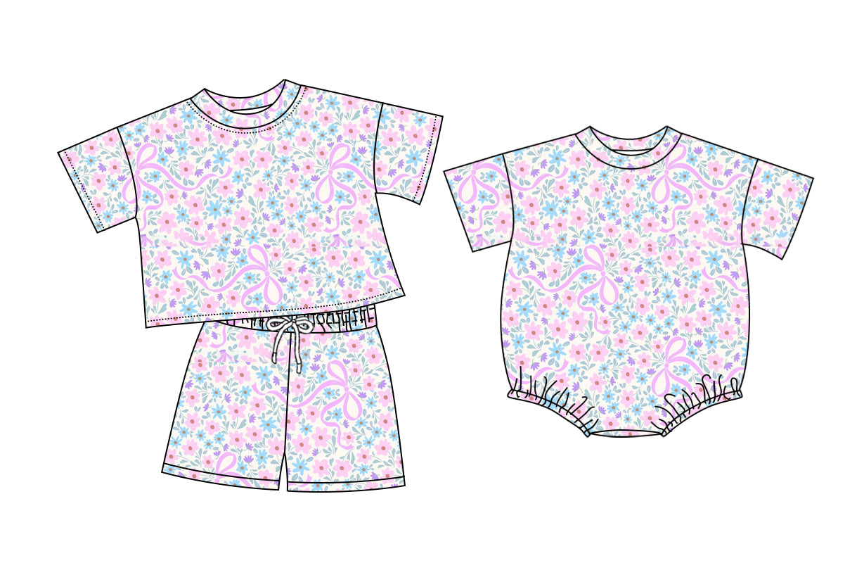 (Custom Design Preorder MOQ 5 Each Item) Small Flowers Bows Pink Print Baby Girls Summer Romper & Outfits Sisters Wear