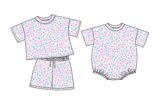 (Custom Design Preorder MOQ 5 Each Item) Small Flowers Bows Pink Print Baby Girls Summer Romper & Outfits Sisters Wear