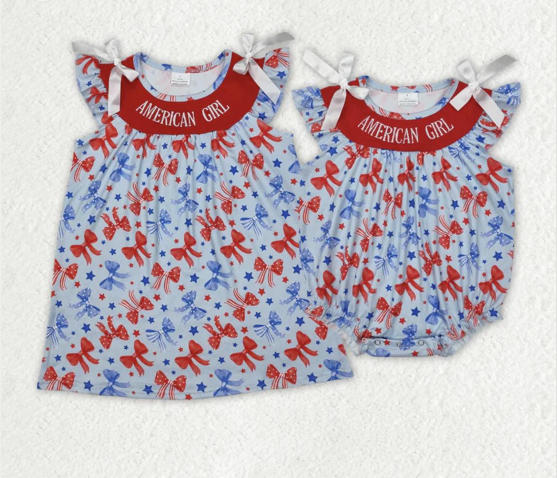 Baby Girls American Girl Embroidery Bows Dress & Romper Sisters 4th of July Wear
