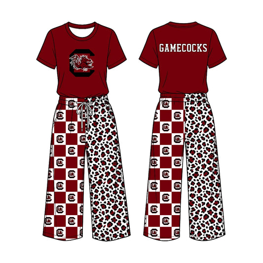 Preorder( 5  MOQ) Baby Girls Sport Team Gamecocks Short Sleeve Top Checker Leopard Pants Outfit
