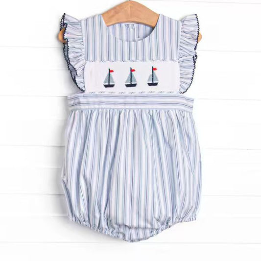 (Custom Design Preorder MOQ 5 ) Sailboat Stripes Baby Girls Summer Romper