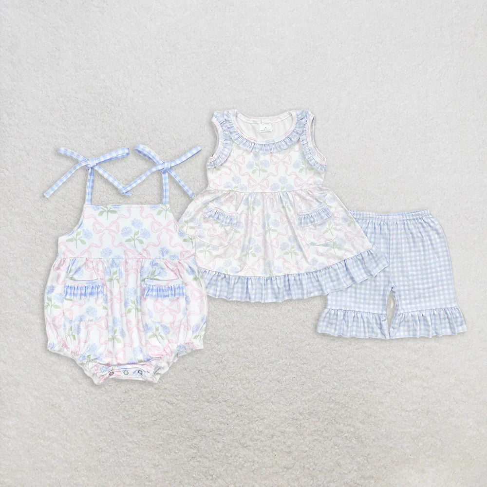 Sibling Baby Girls Bows Flowers Pockets Tunic Ruffle Shorts Clothes Sets Romper
