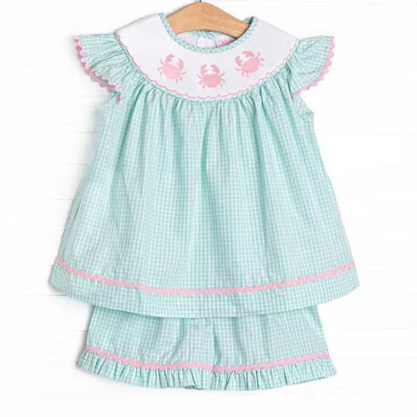 (Custom Design Preorder MOQ 5) Crab Tunic Top Green Plaid Shorts Baby Girls Summer Outfits