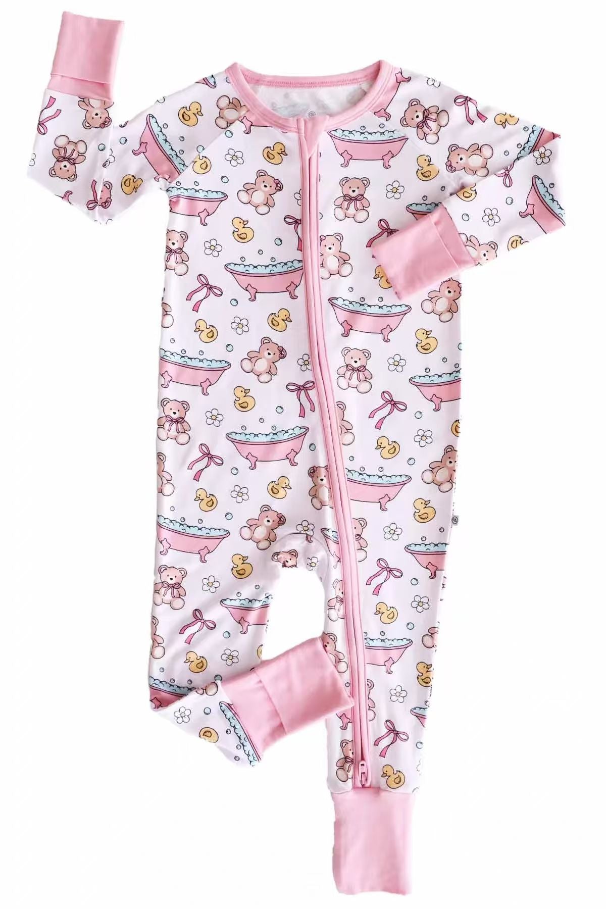(Custom Design Preorder MOQ 5 ) Bear Flowers Print Baby Girls Zipper Sleeper Romper