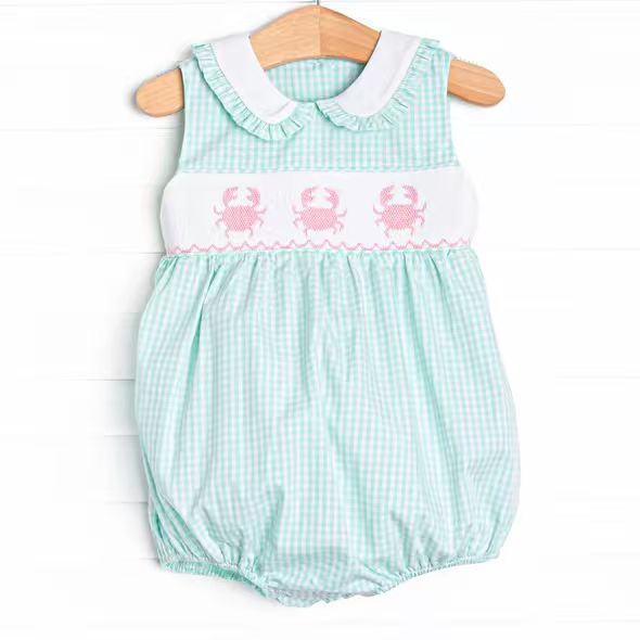 (Custom Design Preorder MOQ 5 ) Crab Green Plaid Print Baby Girls Summer Romper