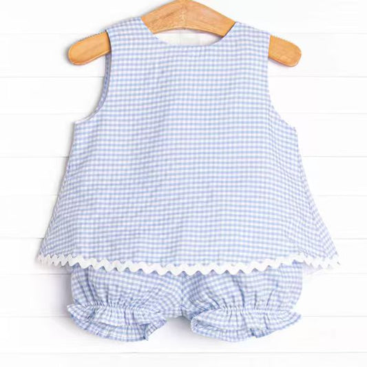 (Custom Design Preorder MOQ 5)  Blue Plaid Sleeveless Tunic Top Shorts Baby Girls Summer Outfits