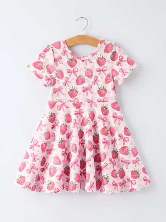 (Custom Design Preorder MOQ 5) Strawberry Bows Ribbed Girls Summer Dress