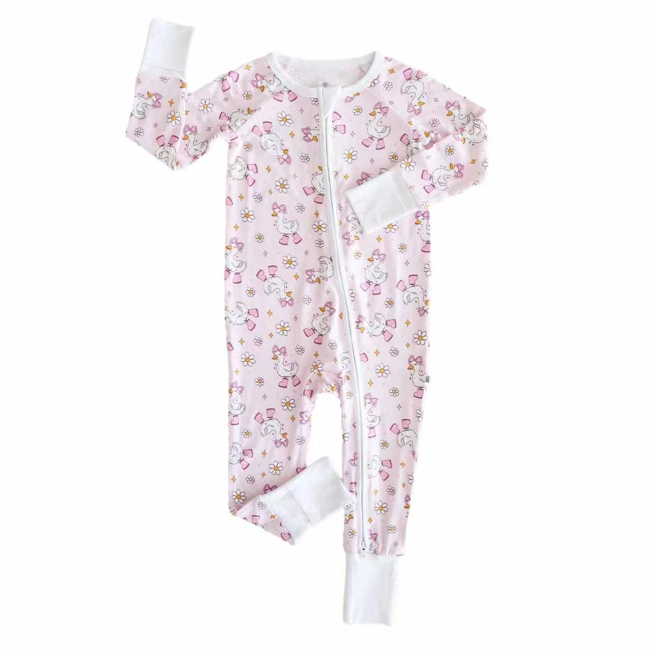 (Custom Design Preorder MOQ 5 ) Goose Flowers Print Baby Girls Zipper Sleeper Romper