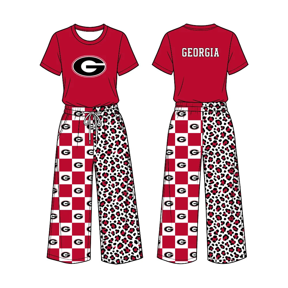 Preorder( 5  MOQ) Baby Girls Sport Team Georgia Short Sleeve Top Checker Leopard Pants Outfit