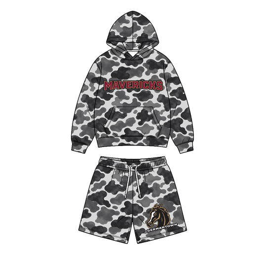 (Custom Design Preorder MOQ 5) Teams Germantown Mavericks Black Camo Hoodie Top Pockets Shorts Boys Clothes Set