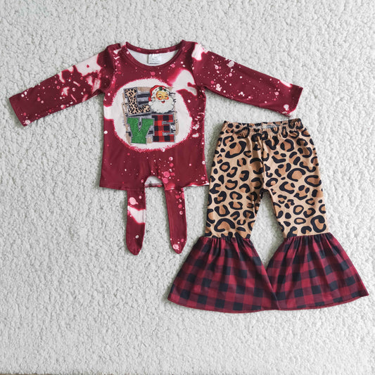 6 A1-15 Santa LOVE Top Leopard Checkered Bell Pants Girls Christmas Clothes Set