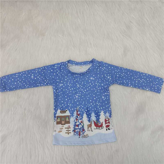 (Promotion)6 A1-16 Santa Blue Print Boys Christmas Tee Shirts Top