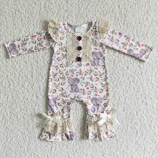 (Promotion)6 A1-26 Elephant Flowers Print Baby Girls Ruffle Romper