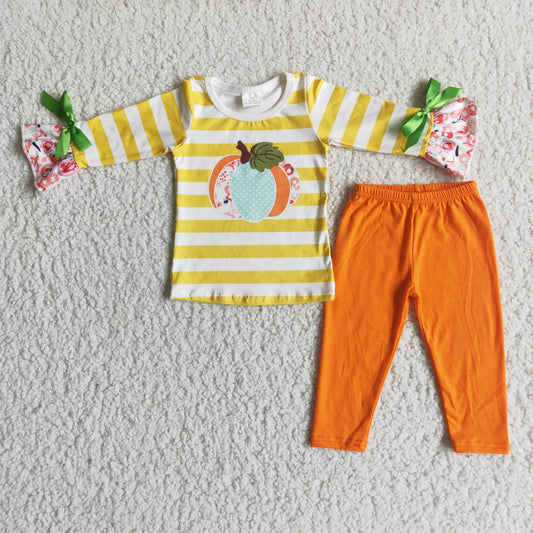 6 A10-14 Pumpkin Stripes Top Orange Capri Pants Girls Fall Clothes Set