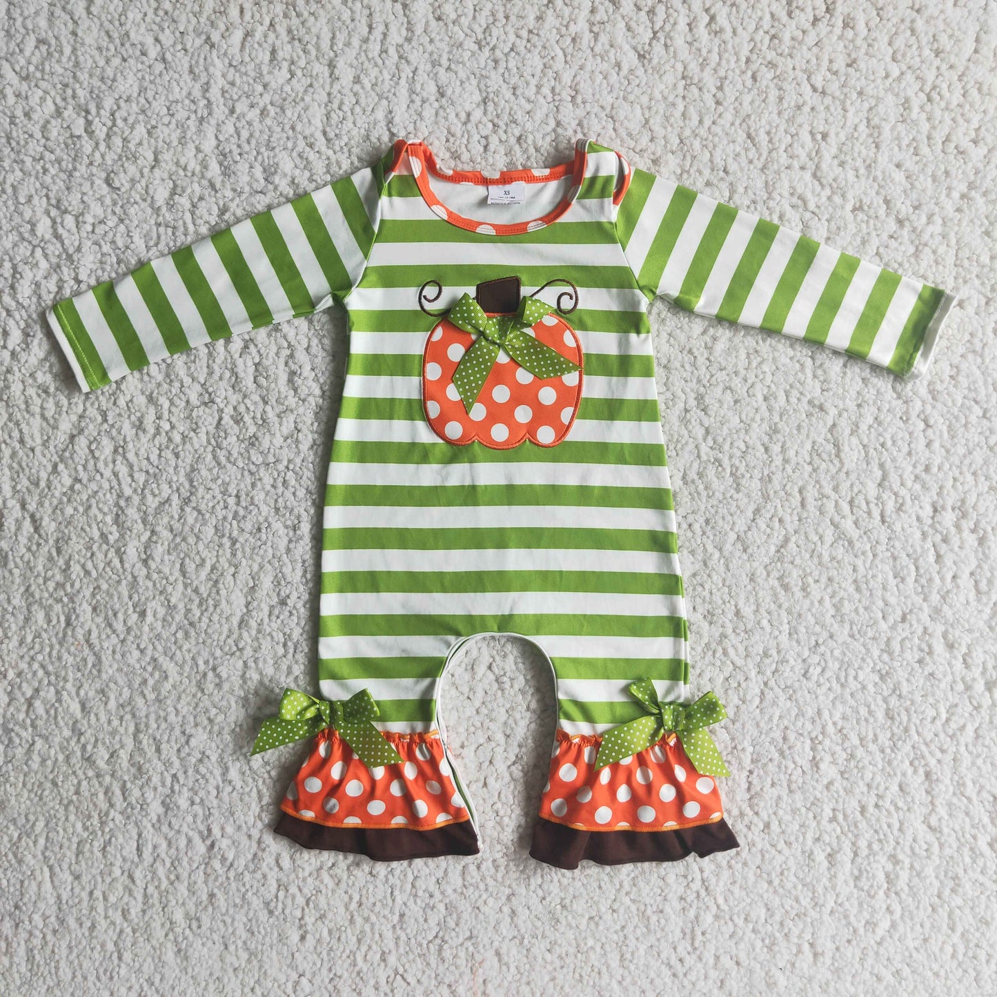 6 A10-26 Fall Pumpkin Embroidery Stripes Baby Girls Ruffles Romper