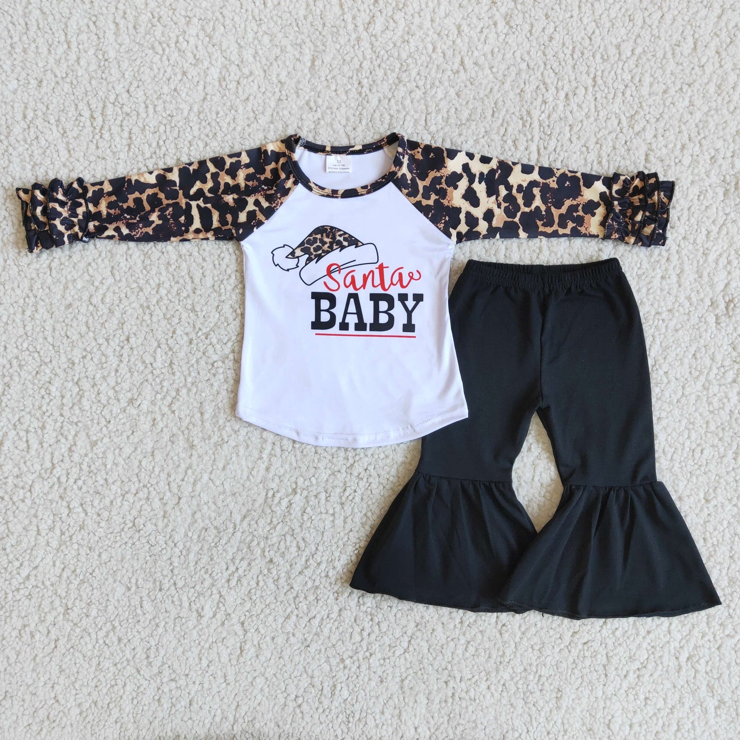 (Promotion)6 A17-30 Santa Baby Leopard Top Black Bell Pants Girls Christmas Outfits