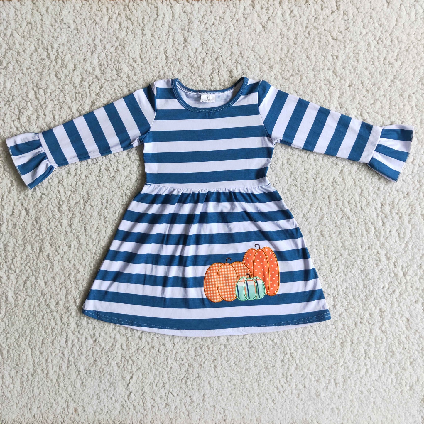 6 A19-13 Pumpkin Embroidery Blue Stripes Girls Long Sleeve Dress