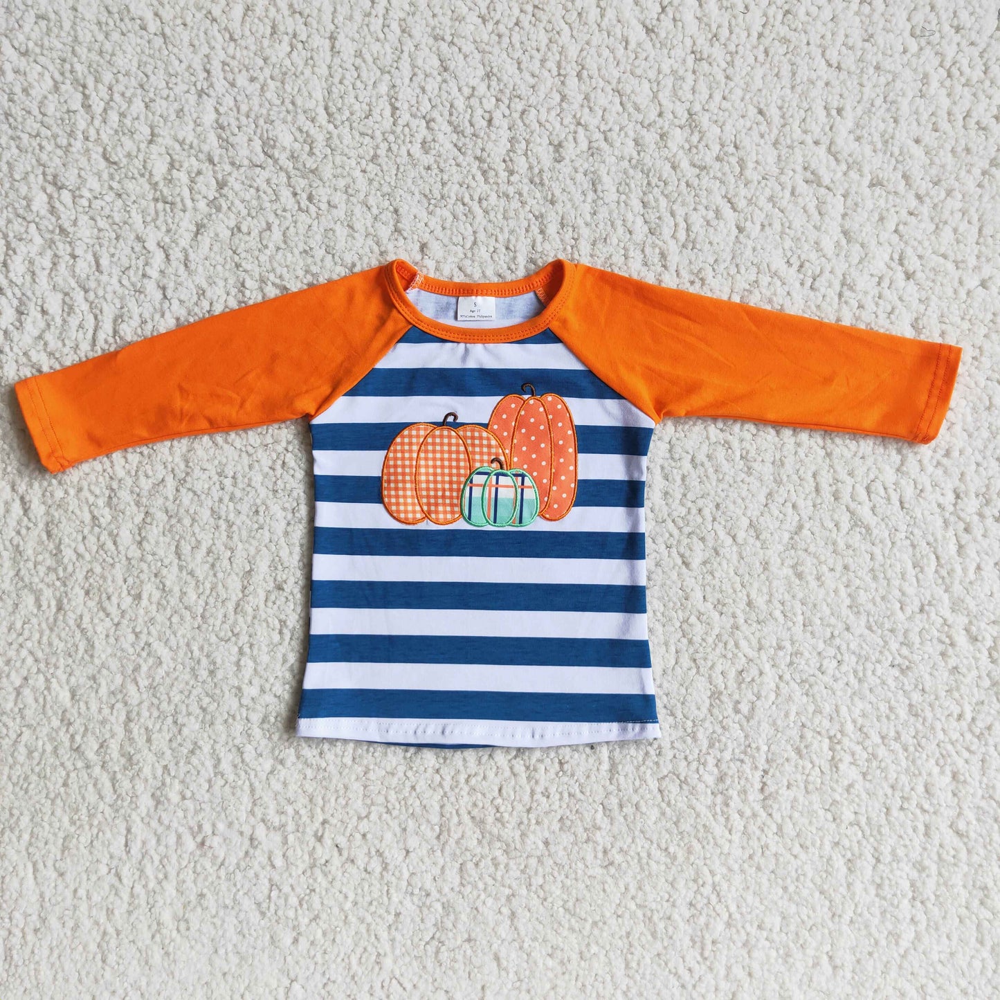 6 A19-29 Pumpkin Embroidery Blue Stripes Boys Tee Shirts Top