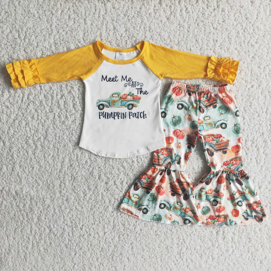 6 A2-13 Pumpkin Trucks Top Bell Pants Girls Fall Clothes Set
