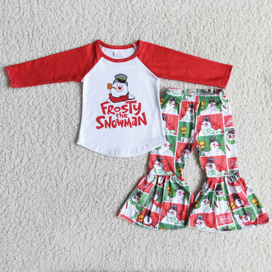 (Promotion) 6 A2-2 Frost* Snowman Top Bell Pants Girls Christmas Clothes Set