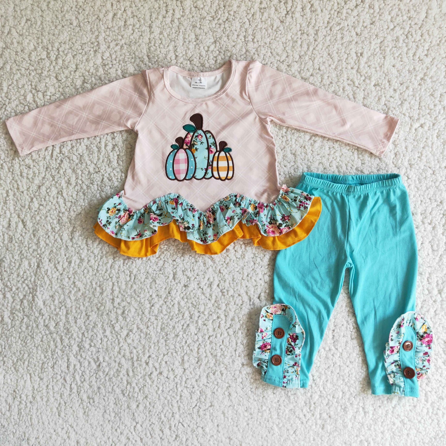 6 A2-28 Pumpkin Embroidery Ruffle Top Blue Capri Pants Girls Fall Clothes Set