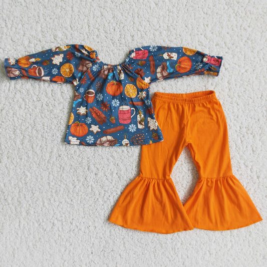 6 A2-29 Pumpkin Top Orange Bell Pants Girls Fall Clothes Set
