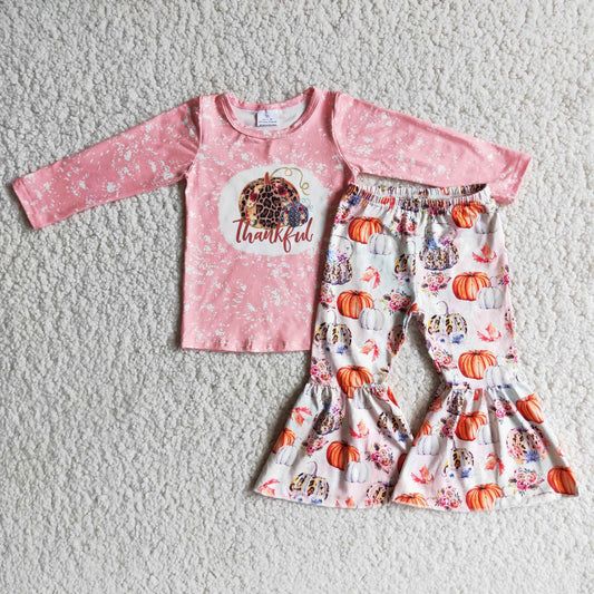 6 A2-3 Pumpkin Thankful Pink Top Flowers Bell Pants Girls Clothes Set