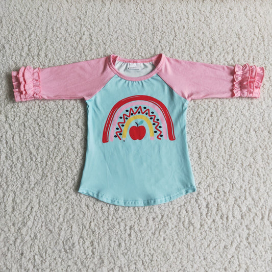 6 A20-19 Apple Pen Rainbow Print Girls Back to School Tee Shirts Top