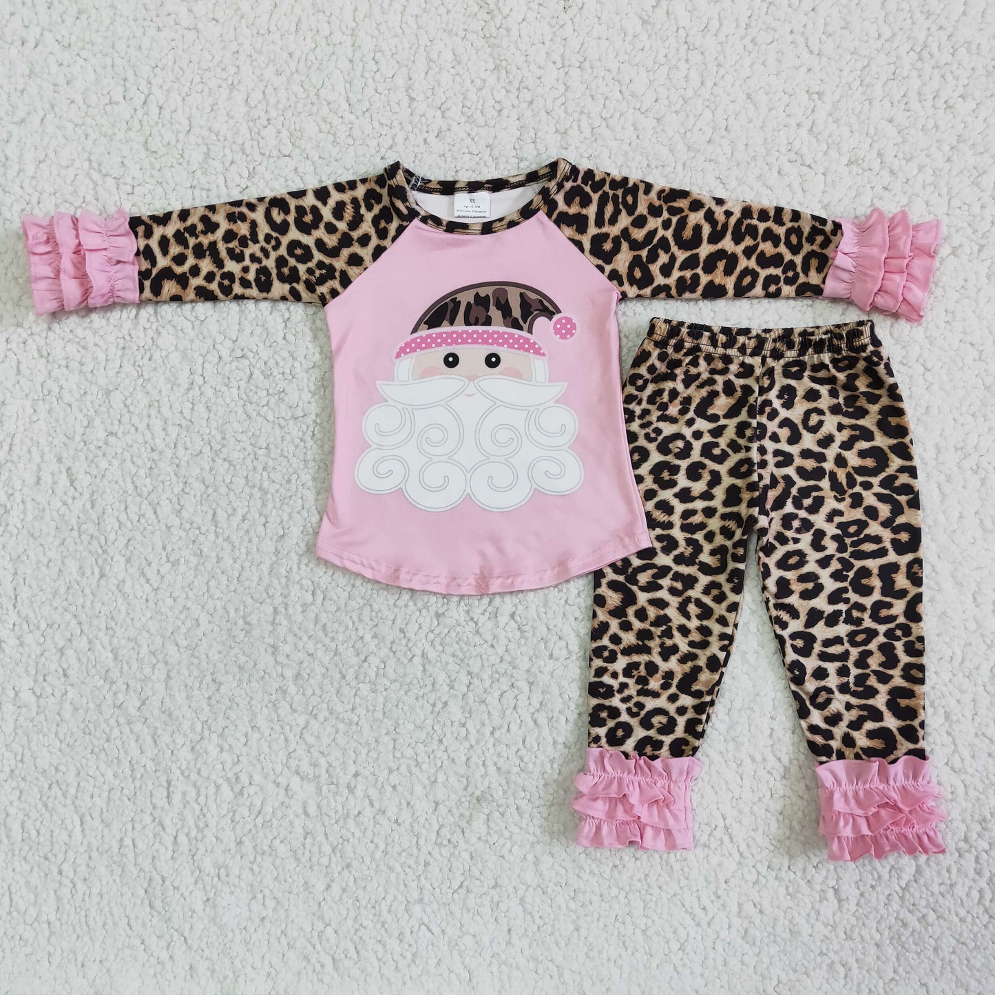 (Promotion)6 A22-12 Santa Pink Top Leopard Pants Girls Christmas Pajamas Clothes Set