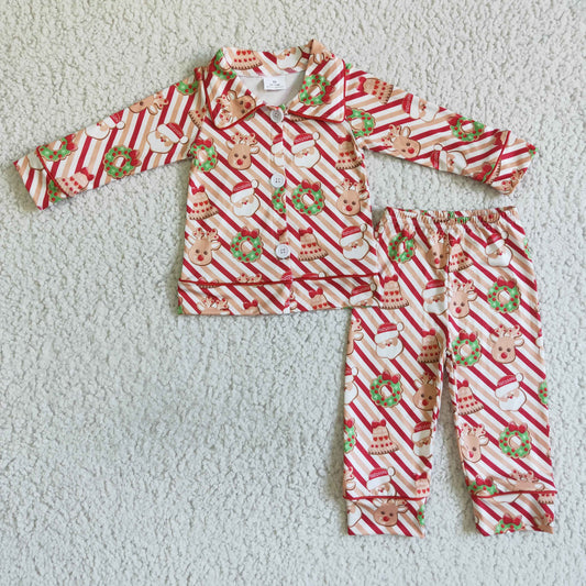 (Promotion)6 A22-19 Santa Stripes Print Boys Christmas Buttons Pajamas Clothes Set