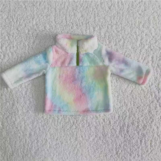 Baby girls long sleeve rainbow print faux fur zipper winter pullover top 6 A23-28