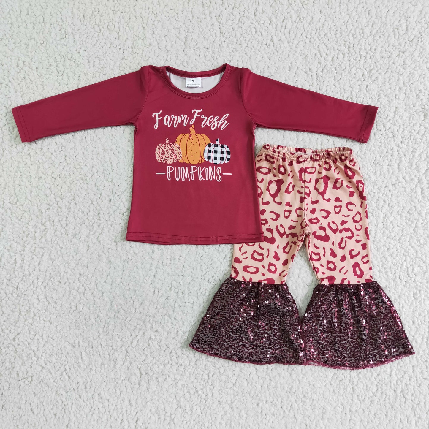 (Promotion)6 A25-14 Pumpkin Top Leopard Sequin Bell Pants Girls Fall Clothes Set