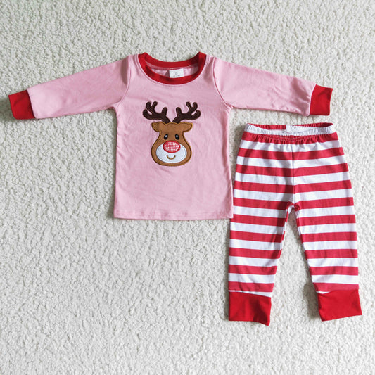 6 A27-12 Deer Embroidery Pink Top Stripes Pants Boys Christmas Clothes Set